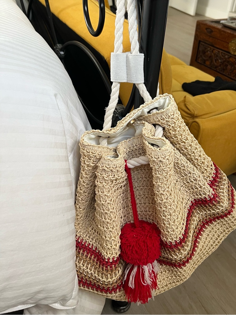 Boho Crochet Drawstring Bucket Bag - Natural with Red Accent